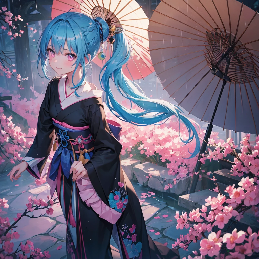 sky Blue hair, (braided ponytail),(pink eyes),fair skin ,(full body),(1 girl),smile,Straight Bangs,(masterpiece, best quality, ultra-detailed, best shadow), (detailed background), (beautiful detailed face), high contrast, (best illumination, an extremely delicate and beautiful), ((cinematic light)), colorful, hyper detail, dramatic light, intricate details,rain shower,kyoto,Japanese Umbrella,black kimono,