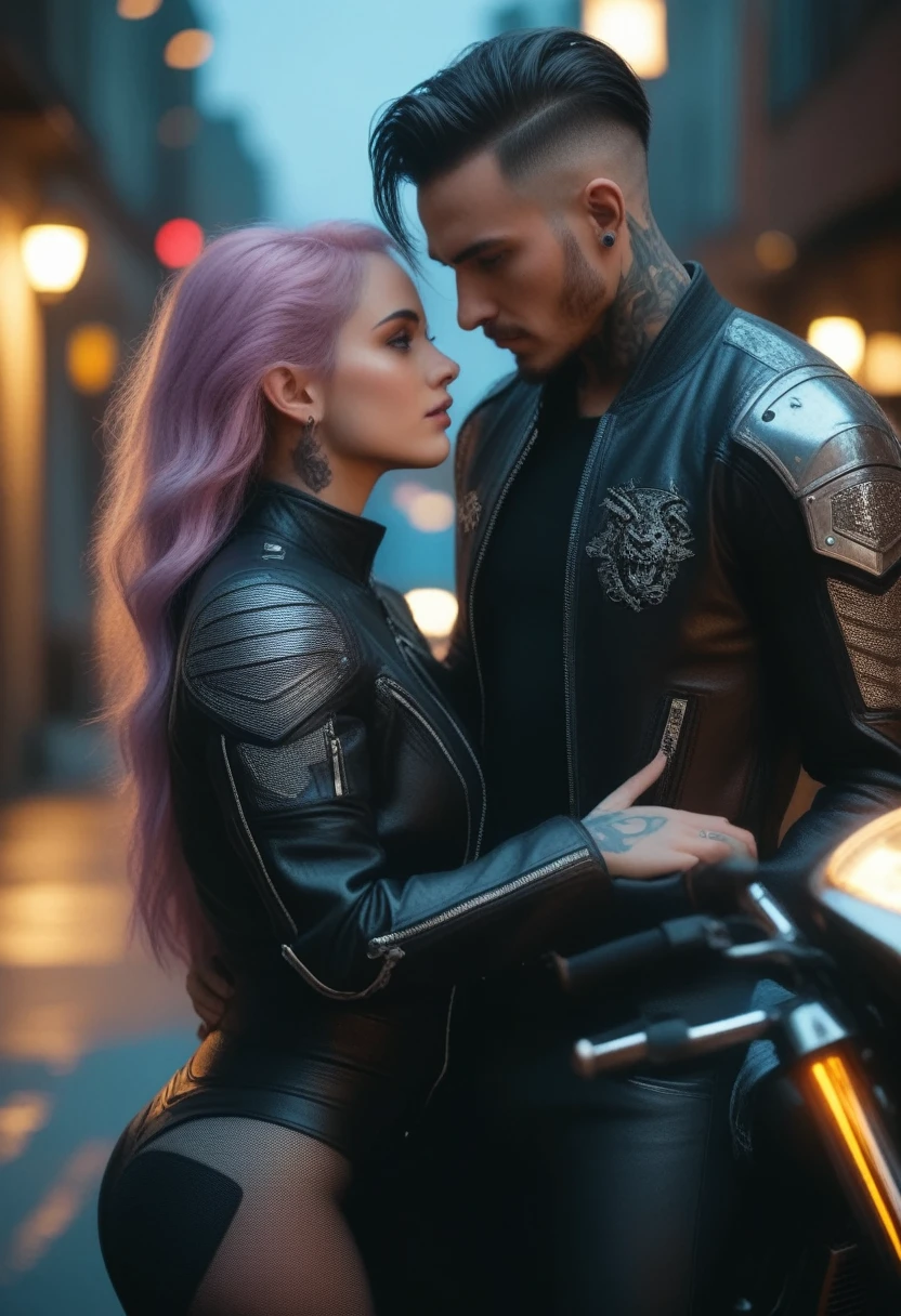 8 k, Best quality, masterpiece, Ultra high resolution, (Realism: 1.4), original photo, (realistic skin texture: 1.3), (Granularity: 1.3),  girl and guy dark style punks couple in love couple on a motorcycle facial details, masterpiece, Best quality, look at the viewer at night