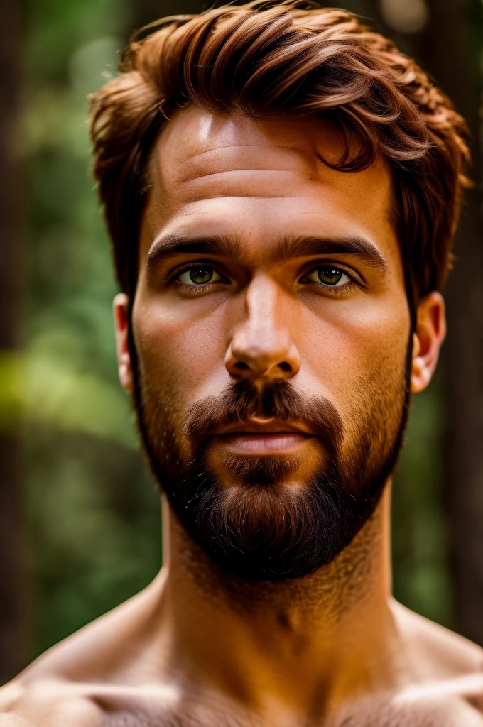 (((hd closeup photo))), one standing João Andrade, brazilian short dark ginger hair and short beard, Alto looking at camera, 36 years old, in forest, dark brown eyes