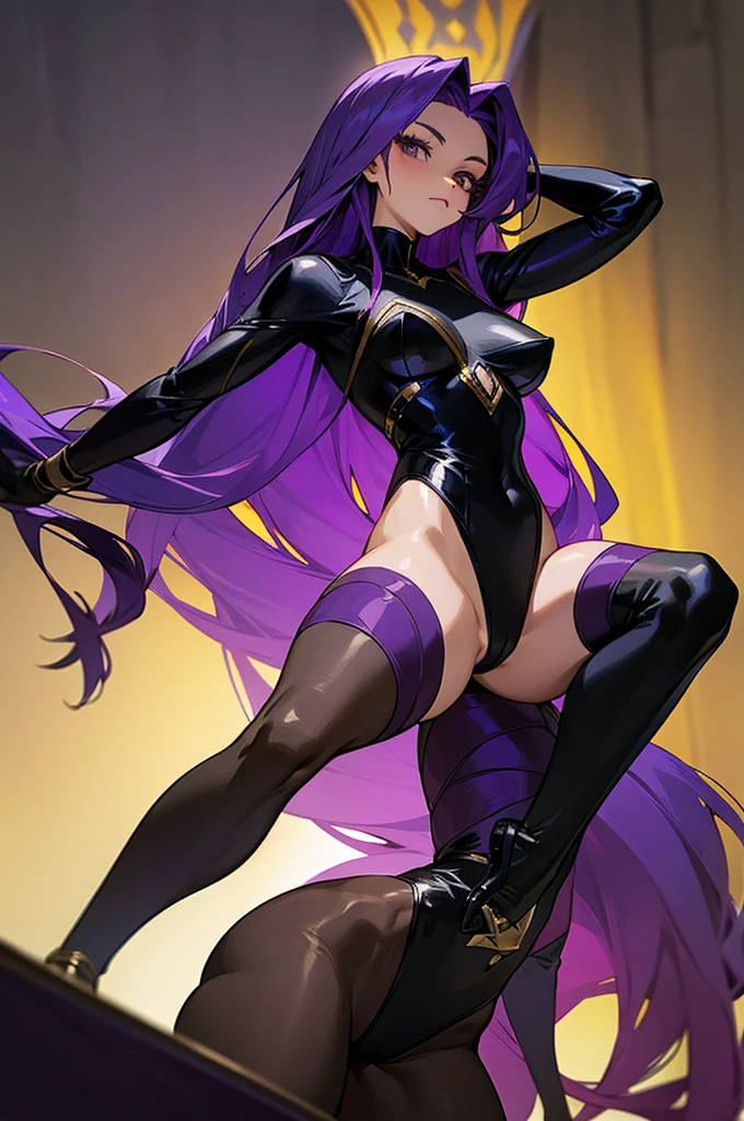 Black leotard-type suit with gold thread Long hair Purple hair Woman Posing
