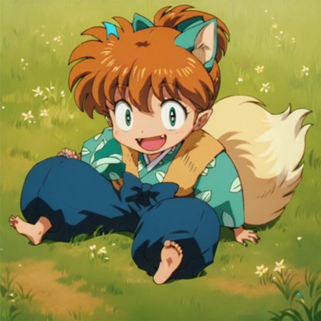 Shippo happy, blond fox ears, human feet, field