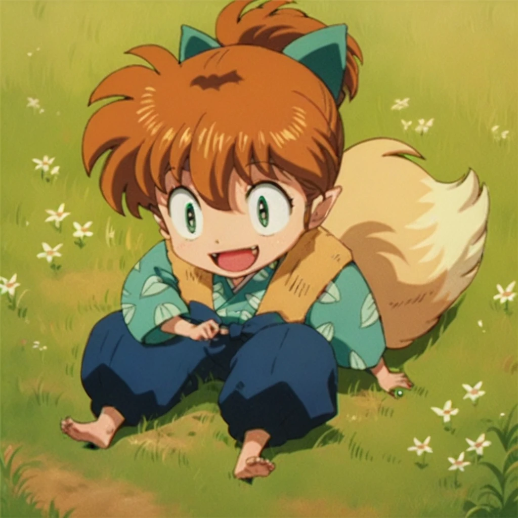 Shippo happy, blond fox ears, human feet, field