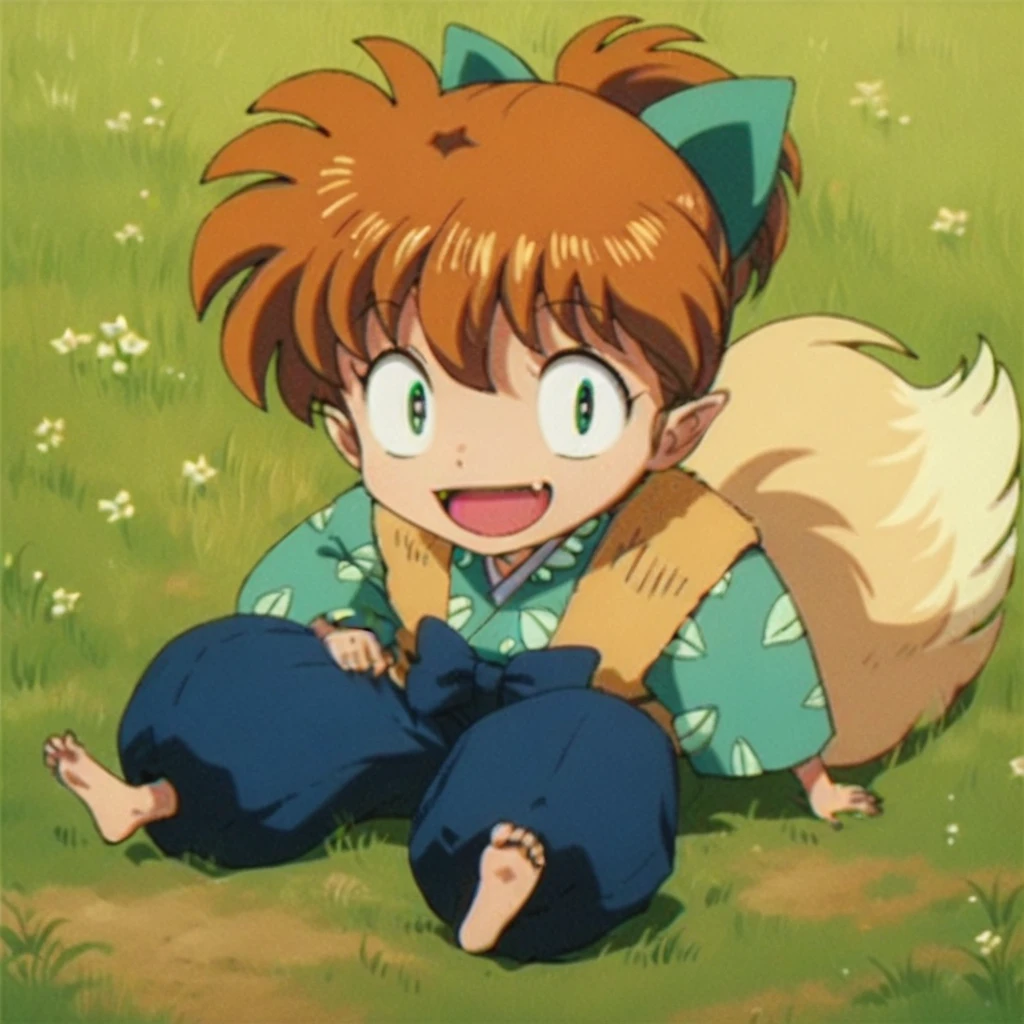 Shippo happy, blond fox ears, human feet, field
