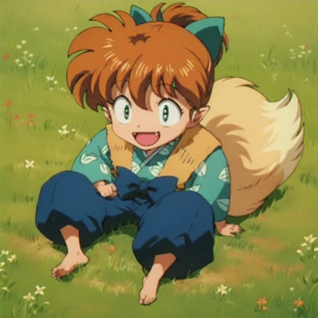 Shippo happy, blond fox ears, human feet, field