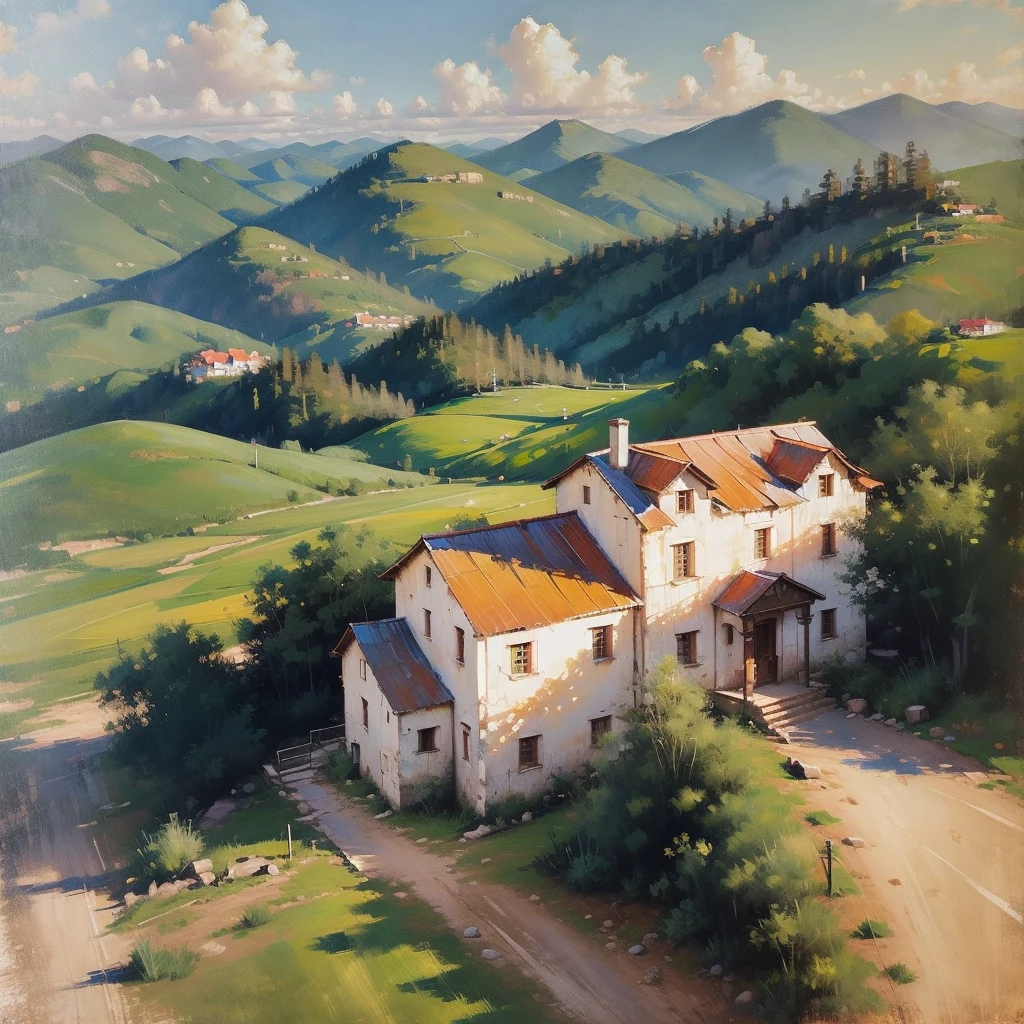 Mountain landscape impression | vintage oil painting, (OLD HOUSE ) AERIAL VIEW OF MINAS GERAIS - SUNSET