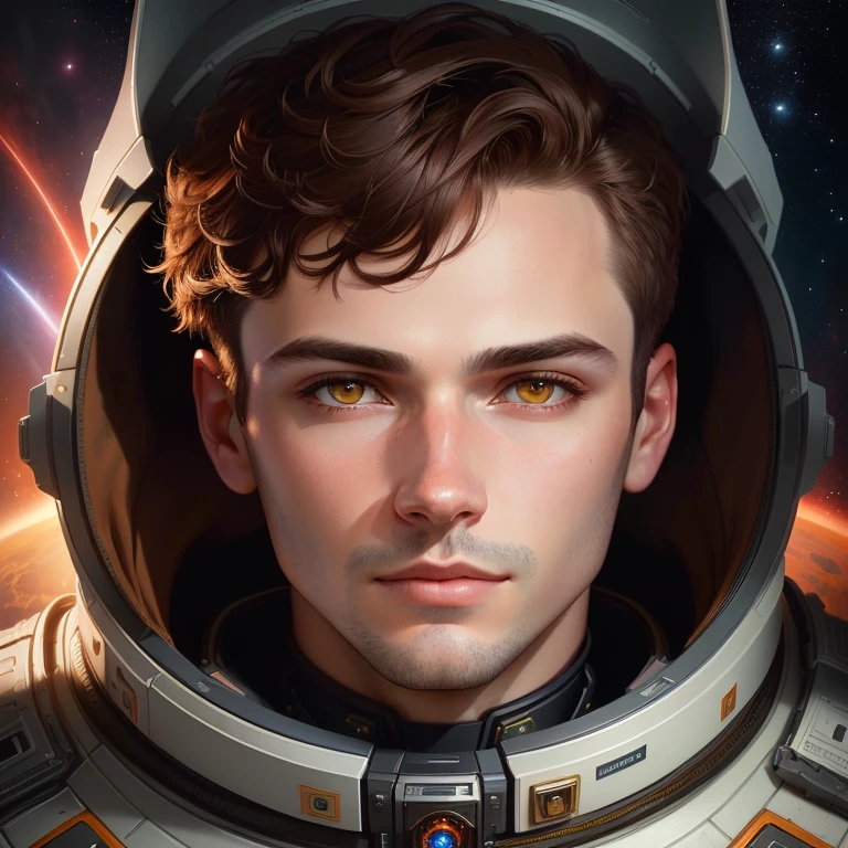 man with short brown hair, nft portrait, digital fantasy portrait, portrait of an astronaut man, high-quality portrait, septic eye, inspired by Hedi Xandt, Red space portrait, symmetrical portrait science fiction, adar darnov, digital art portrait, retrato de tom bagshaw,