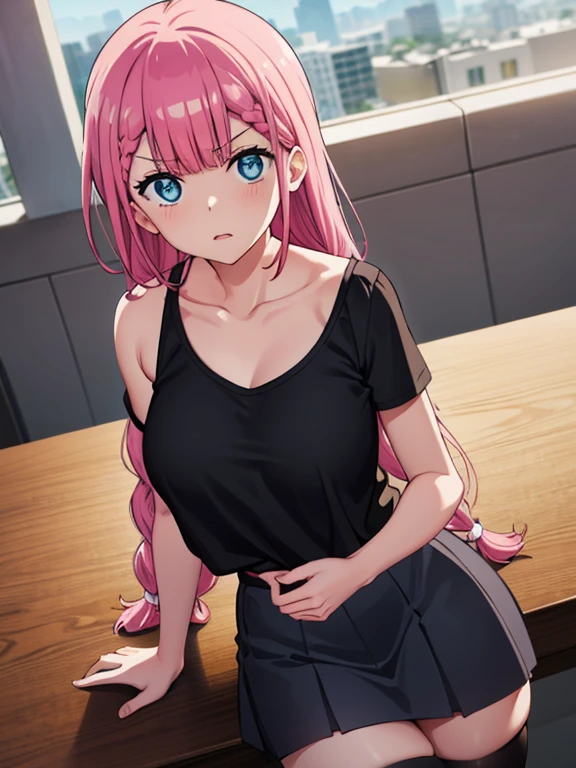 mafuyu kirusu sitting in bench, black t-shirt, sexy body and curves, black thighs, visible shoulder, blur crystal eyes, blue eyes, braid, long hair, twin braids, pink hair, short skirt, BREAK looking at viewer, BREAK indoors, classroom, BREAK (masterpiece:1.2), best quality, high resolution, unity 8k wallpaper, (illustration:0.8), (beautiful detailed eyes:1.6), extremely detailed face, perfect lighting, extremely detailed CG, (perfect hands, perfect anatomy), angry face, seducing face, short t-shirt, visible hip and waist, black long socks, visible shoulder, visible bra straps
