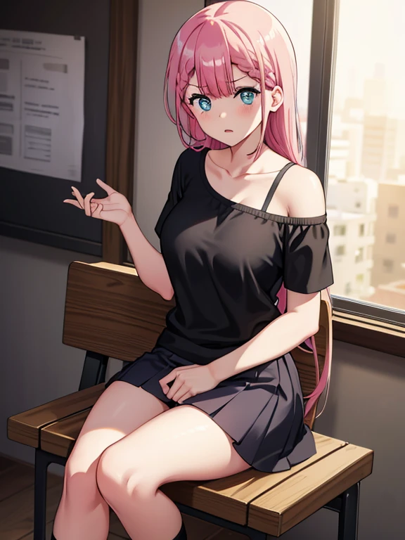 mafuyu kirusu sitting in bench, black t-shirt, sexy body and curves, black thighs, visible shoulder, blur crystal eyes, blue eyes, braid, long hair, twin braids, pink hair, short skirt, BREAK looking at viewer, BREAK indoors, classroom, BREAK (masterpiece:1.2), best quality, high resolution, unity 8k wallpaper, (illustration:0.8), (beautiful detailed eyes:1.6), extremely detailed face, perfect lighting, extremely detailed CG, (perfect hands, perfect anatomy), angry face, seducing face, short t-shirt, visible hip and waist, black long socks, visible shoulder, visible bra straps
