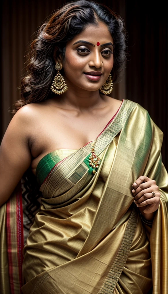 An Extremely gorgeous and beautiful Bengali village woman, 45 yo, pale white skin, sensual appealing body, perfect thick and chubby Beauty, wearing saree bare-chested, curvy, sexy navel folds, fleshy figure, Bengali village style saree, wearing a Bengali-style saree without a blouse,, ethnic vintage bengali village woman, bengali style saree, The sari was worn without a blouse and petticoat before the British Raj, baring one's chest or being blouseless, simple village ornaments, Bengalis a.k.a. Bongs are known for their unique Bengali fashion sense (the way they don that sari makes you go wow), Pre British Raj, Pre colonial era, Bengali Woman draping sari without blouse is a normal thing in pre British Era, bong woman, fine Art photography, artistic photography, sensually appealing, erotic fantasy, ethnic traditional beauty, real armpit hair, low waist saree, insane details,