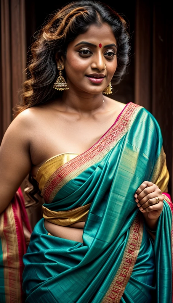 An Extremely gorgeous and beautiful Bengali village woman, 45 yo, pale white skin, sensual appealing body, perfect thick and chubby Beauty, wearing saree bare-chested, curvy, sexy navel folds, fleshy figure, Bengali village style saree, wearing a Bengali-style saree without a blouse,, ethnic vintage bengali village woman, bengali style saree, The sari was worn without a blouse and petticoat before the British Raj, baring one's chest or being blouseless, simple village ornaments, Bengalis a.k.a. Bongs are known for their unique Bengali fashion sense (the way they don that sari makes you go wow), Pre British Raj, Pre colonial era, Bengali Woman draping sari without blouse is a normal thing in pre British Era, bong woman, fine Art photography, artistic photography, sensually appealing, erotic fantasy, ethnic traditional beauty, real armpit hair, low waist saree, insane details,