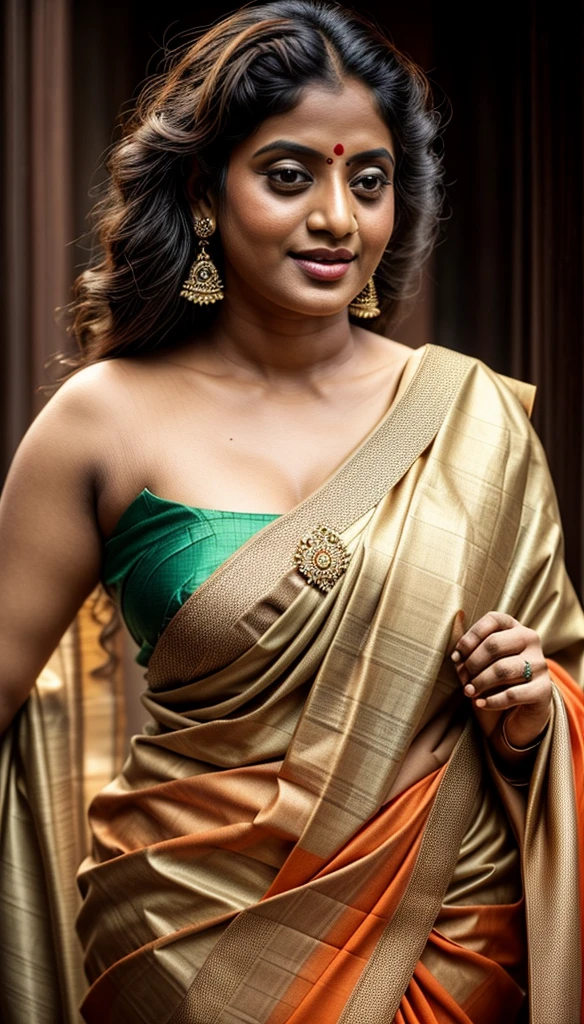 An Extremely gorgeous and beautiful Bengali village woman, 45 yo, pale white skin, sensual appealing body, perfect thick and chubby Beauty, wearing saree bare-chested, curvy, sexy navel folds, fleshy figure, Bengali village style saree, wearing a Bengali-style saree without a blouse,, ethnic vintage bengali village woman, bengali style saree, The sari was worn without a blouse and petticoat before the British Raj, baring one's chest or being blouseless, simple village ornaments, Bengalis a.k.a. Bongs are known for their unique Bengali fashion sense (the way they don that sari makes you go wow), Pre British Raj, Pre colonial era, Bengali Woman draping sari without blouse is a normal thing in pre British Era, bong woman, fine Art photography, artistic photography, sensually appealing, erotic fantasy, ethnic traditional beauty, real armpit hair, low waist saree, insane details,