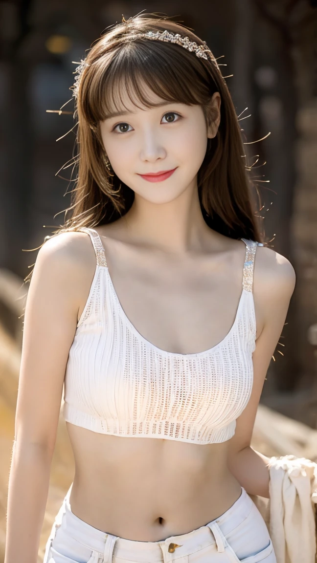 sweet smile、night、original photography、(((ultimate beauty portrait)))、((sparkling skin))、1 girl、 15 year old beautiful girl、bright expression、((dark brown hair))、(cleavage)、 (white crop top: 1.4), tight leather pants，（red lips：2.0）, The face is super delicate，naked thighs，((Big eyes sparkling like gems))、Glowing and radiant skin、(Goddess of Rapunzel)、(silk headband)、(standing)、Eyeliner、beautiful bangs、hair between eyes、((​Masterpiece、top quality、Super detailed、Warm colors、intricate details、high resolution、Very detailed))、background for this、Digital SLR、soft light、high quality、film grain、Fuji XT3 、shallow view deep、natural soft light、Kamimei、plump bust，Big breasts，Protruding breasts，Puffy nipples，Soaked clothes，Water dew