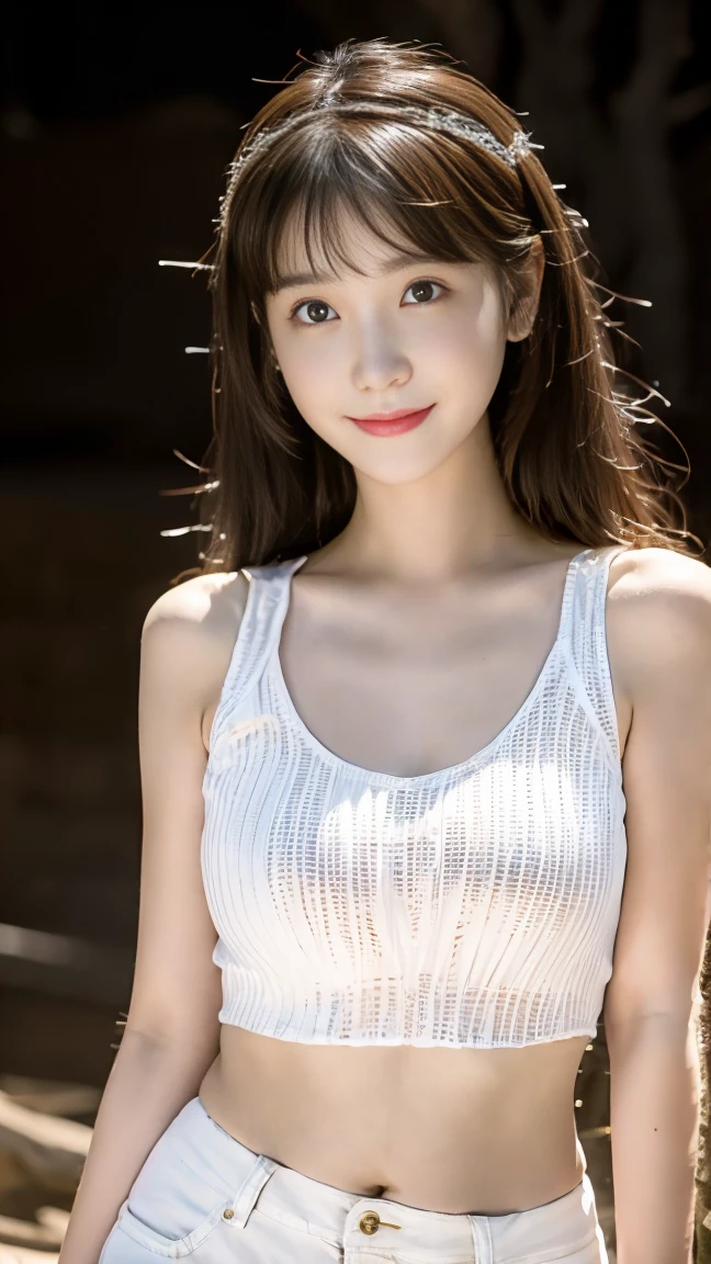 sweet smile、night、original photography、(((ultimate beauty portrait)))、((sparkling skin))、1 girl、 15 year old beautiful girl、bright expression、((dark brown hair))、(cleavage)、 (white crop top: 1.4), tight leather pants，（red lips：2.0）, The face is super delicate，naked thighs，((Big eyes sparkling like gems))、Glowing and radiant skin、(Goddess of Rapunzel)、(silk headband)、(standing)、Eyeliner、beautiful bangs、hair between eyes、((​Masterpiece、top quality、Super detailed、Warm colors、intricate details、high resolution、Very detailed))、background for this、Digital SLR、soft light、high quality、film grain、Fuji XT3 、shallow view deep、natural soft light、Kamimei、plump bust，Big breasts，Protruding breasts，Puffy nipples，Soaked clothes，Water dew