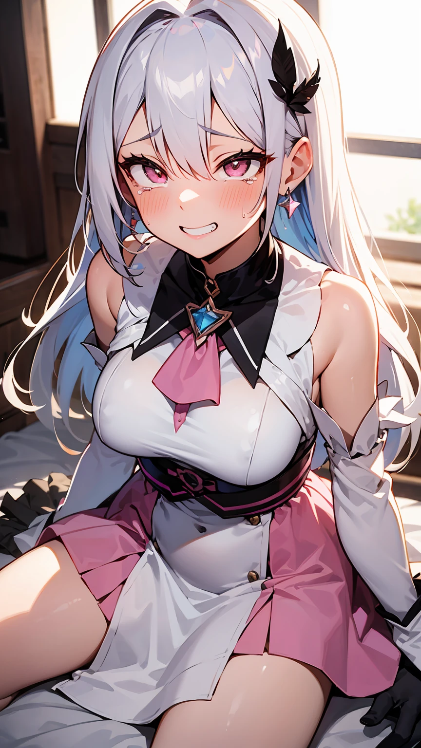On the bed、Crying、Ahegao、Lie、Grin、激しいAhegao、ahekao、Revealing clothing、Porn Image、Young body、Sweaty、Underarm、hair ornament, gloves, dress, jewelry, earrings, detached sleeves, ascot, magical girl, feathers, pink dress, feather hair ornament, prisma illya,
dress, collarbone, sleeveless, sleeveless dress, pink dress,