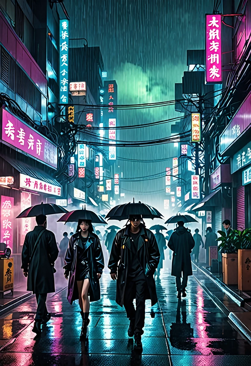 In a cyberpunk city、Downtown at night。The weather is rainy。Bad looking men and women are walking through the city。
Steam-like vapor wafts from the buildings in the city.
