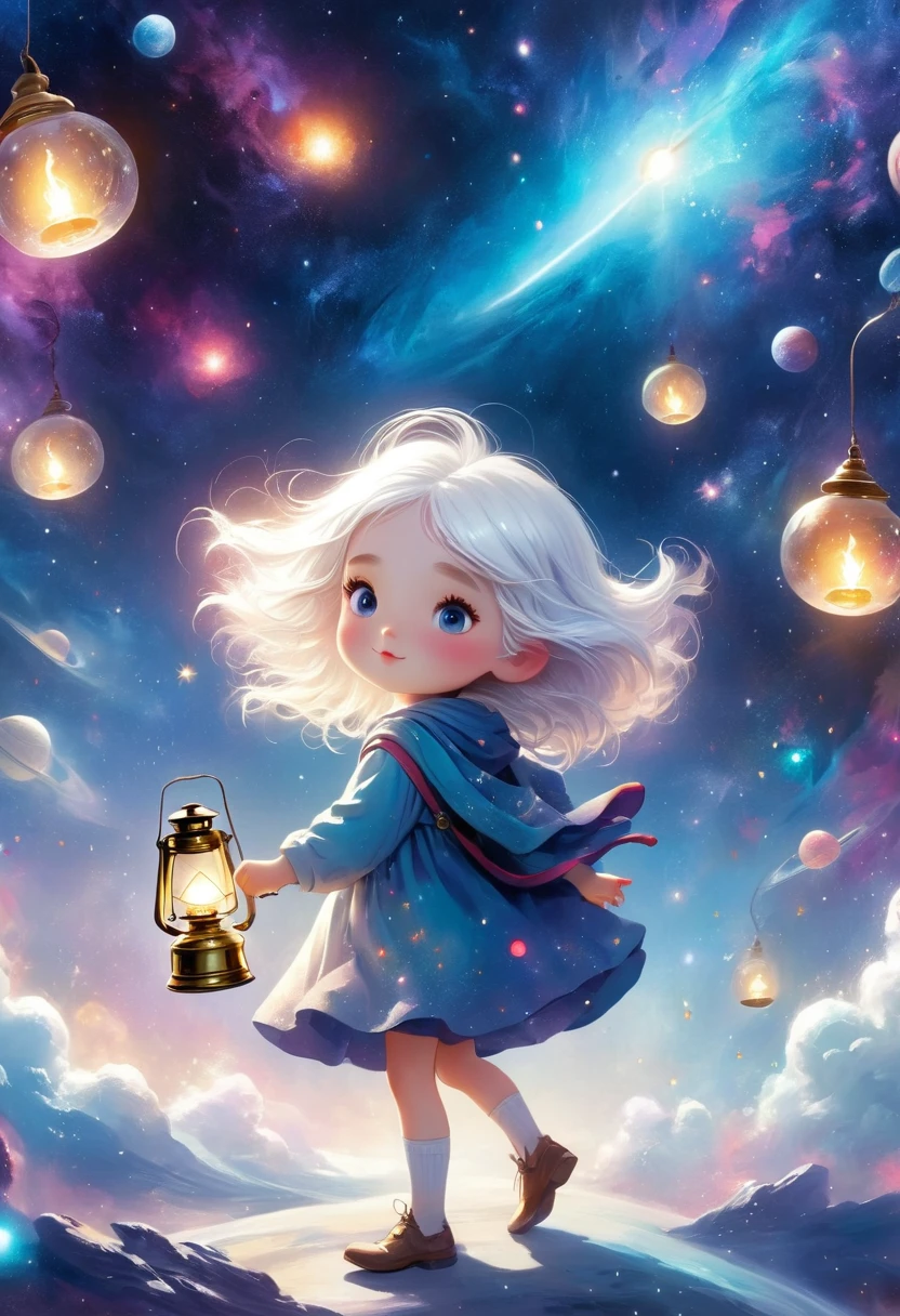 Illustration poster, white-haired  walking in the galaxy with an oil lamp, surreal, soft light, beautiful, dreamy --style expressive