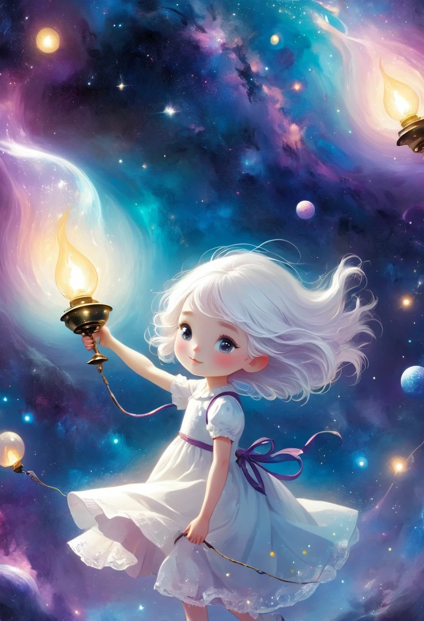 Illustration poster, white-haired little girl walking in the galaxy with an oil lamp, surreal, soft light, beautiful, dreamy --style expressive