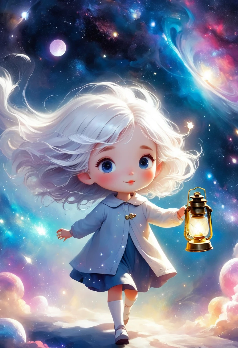 Illustration poster, white-haired little girl walking in the galaxy with an oil lamp, surreal, soft light, beautiful, dreamy --style expressive