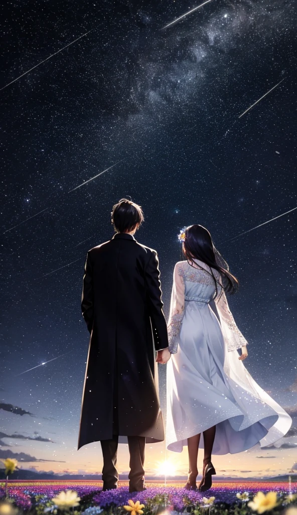 Starry Sky，Animated scene of a couple standing in a flower field,Back view，I can't see facial expressions，The man is wearing a long black coat，The woman is wearing a white long coat