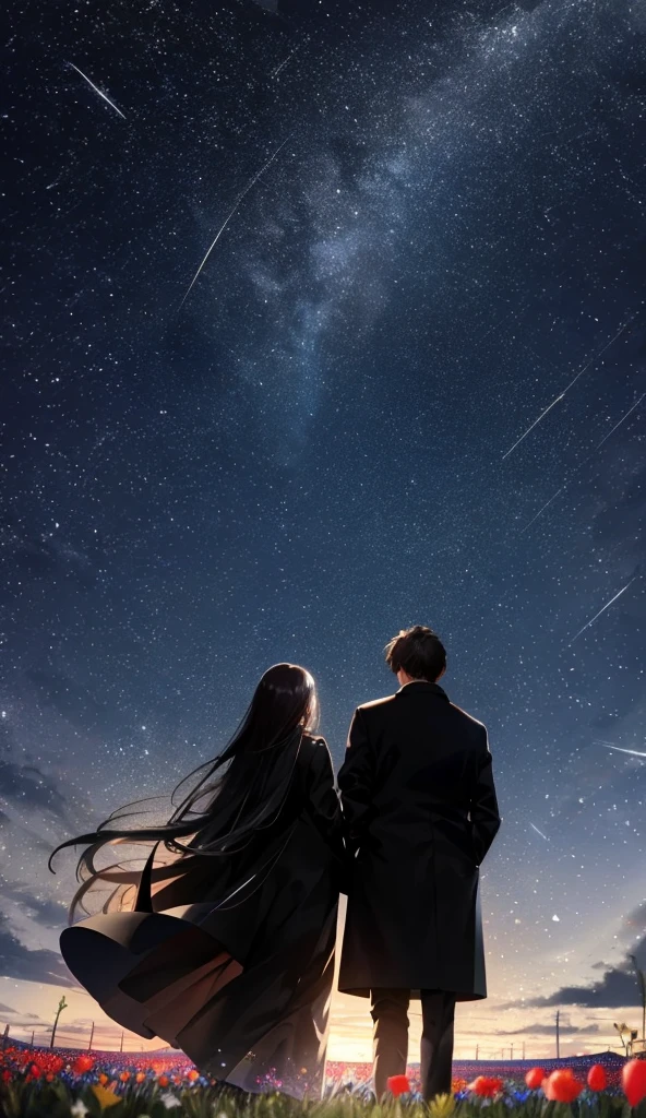 Starry Sky，Animated scene of a couple standing in a flower field,Back view，I can't see facial expressions，The man is wearing a long black coat，The woman is wearing a white long coat