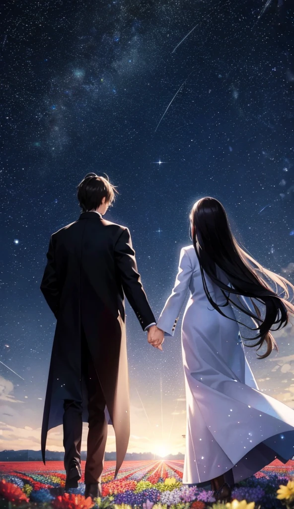 Starry Sky，Animated scene of a couple standing in a flower field,Back view，I can't see facial expressions，The man is wearing a long black coat，The woman is wearing a white long coat