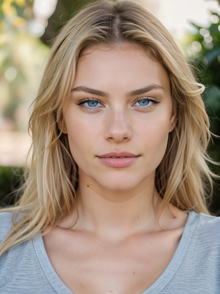 18 years old blonde girl, sexy, intense blue eyes, wearing t-shirt,nice cleavage, belly exposed, High resolution, Masterpiece, Best quality, Intricate details, highly detailed, sharp focus, detailed skin, realistic skin texture, texture, detailed eyes, professional, 4K, charming smile, shot on Canon, 85mm, shallow depth of field, Kodak Vision color, perfect fit body, Extremely detailed, photographed_\(ultra\), photorealistic, Realistic, Post-processing, Maximum details, roughness, real life, ultra realist, photorealism, photography, 8K UHD, photography.