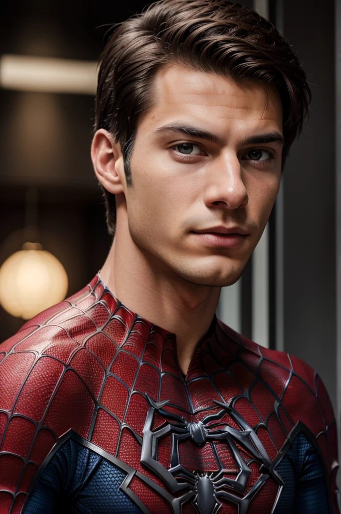 A photograph of spider man, no mask, 20 yo, handsome, detailed face, looking at camera, portrait, 8k uhd, high quality