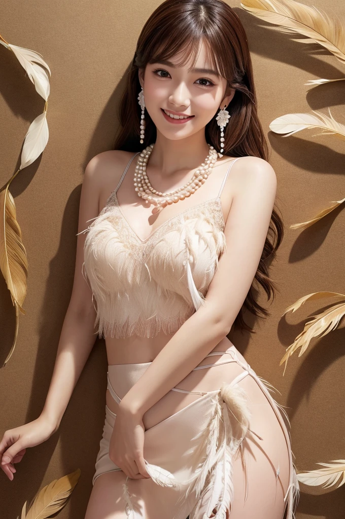 (Full body photo, 8k, RAW photo, best quality, masterpiece:1.2),(High detail RAW color photo professional close photograph),(realistic, photo-realistic:1.37),(best shadow),(best illustration), (ultra high res,extremely detailed CG unity 8k wallpaper),(physically-based rendering),(cinematic lighting), (upper body portrait), sanachan, twicesana, 1Scientist, 1girl, solo, jewelry, wink, smile, brown hair, earrings, feathers And pearls top,