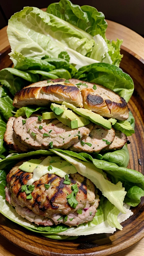 Turkey burger on a lettuce wrap with avocado
