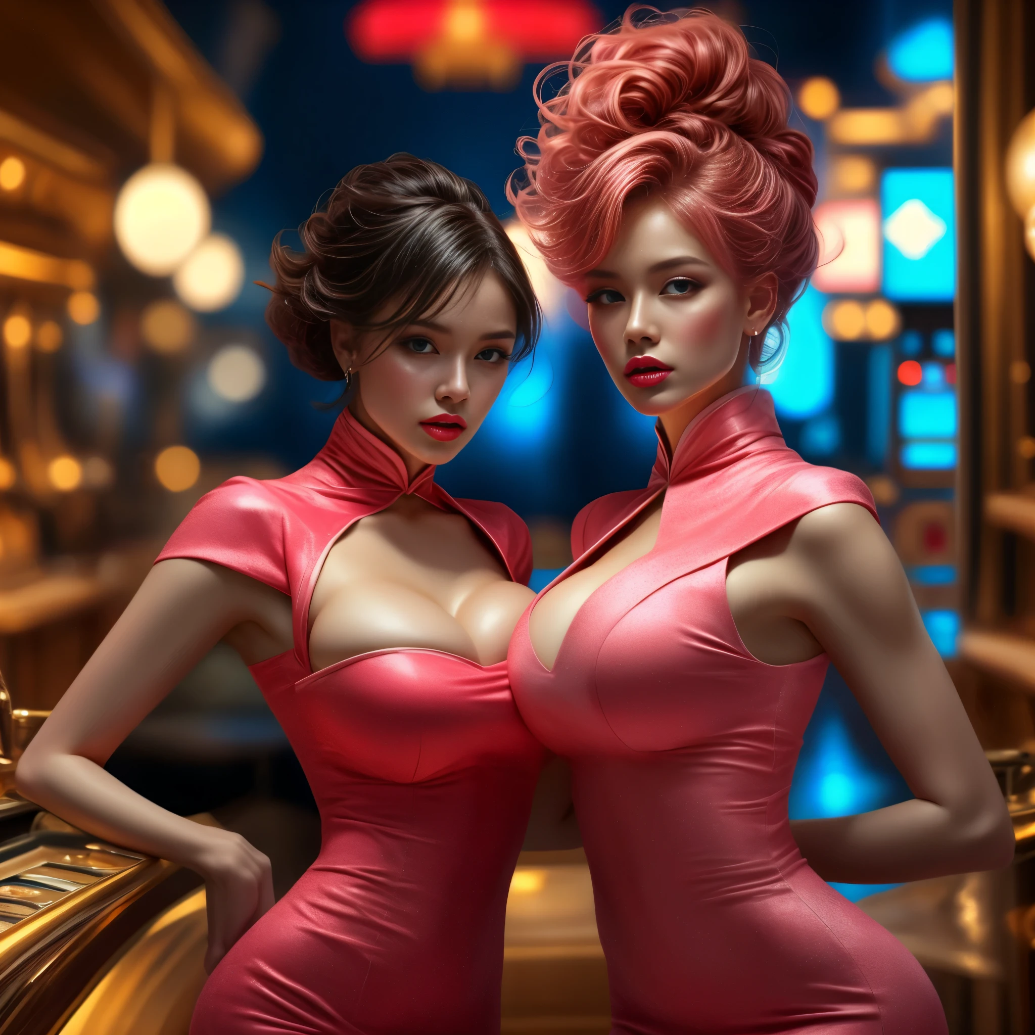 One incredibly beautiful young woman with an incredibly beautiful figure、Large Breasts、Tight waist、Big eyes、Short pink hair、Long limbs、Glowing Skin、Wearing a colorful, detailed, form-fitting Chinese dress、At the Casino、Facing the viewer、Very detailed、Photorealistic、Cinematic lighting、Dramatic composition、Bright colors、Desaturate the background、Super detailed、8K、masterpiece