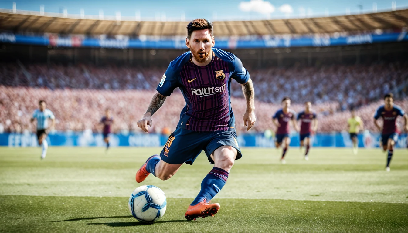 photorealistic 8k professional high quality image, detailed face, detailed eyes, Lionel Messi kicking football, Lionel Messi running towards goal, blur background, football field, green grass, white lines, crowd of people in stadium, blue sky, sunlight, motion blur, dynamic action pose