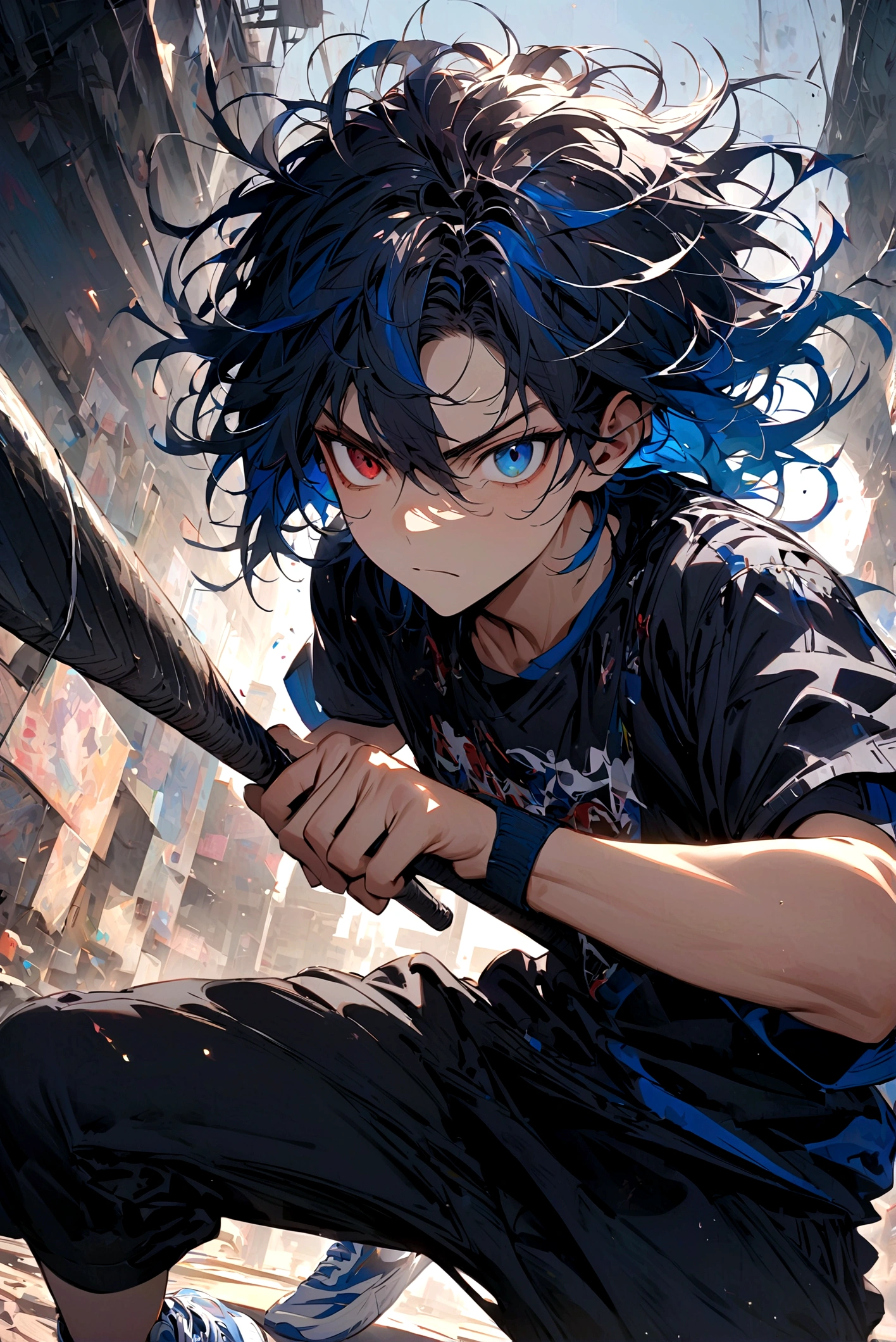 Teenage boy, Messy hair, Medium length hair, multicolored black and blue hair, brown and blue eyes heterochromia, serious face, black jersey, wide dark blue jacket with short sleeves, well detailed, baggy black pants, blue and white tennis shoes, lot of details