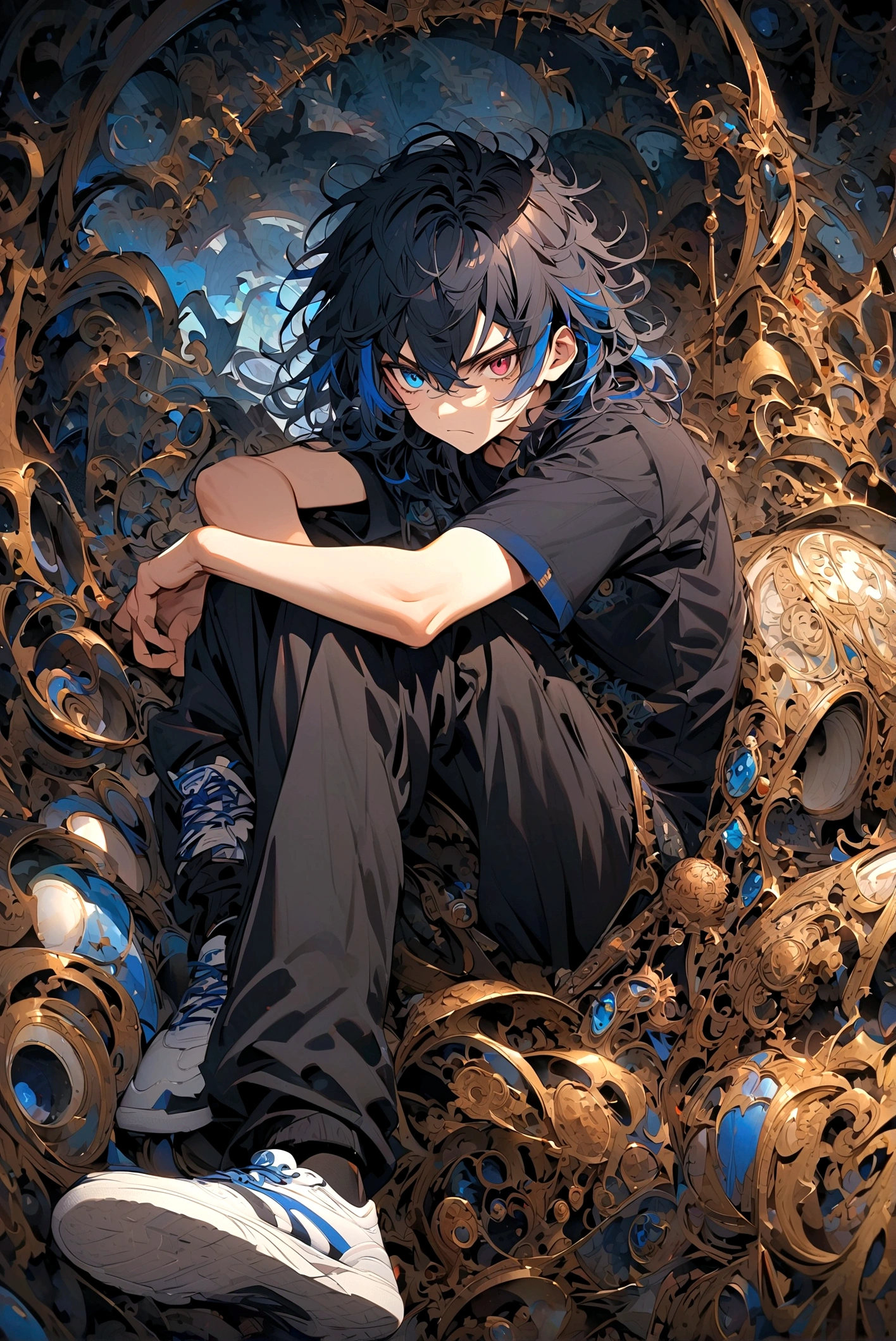 Teenage boy, Messy hair, Medium length hair, multicolored black and blue hair, brown and blue eyes heterochromia, serious face, black jersey, wide dark blue jacket with short sleeves, well detailed, baggy black pants, blue and white tennis shoes, lot of details