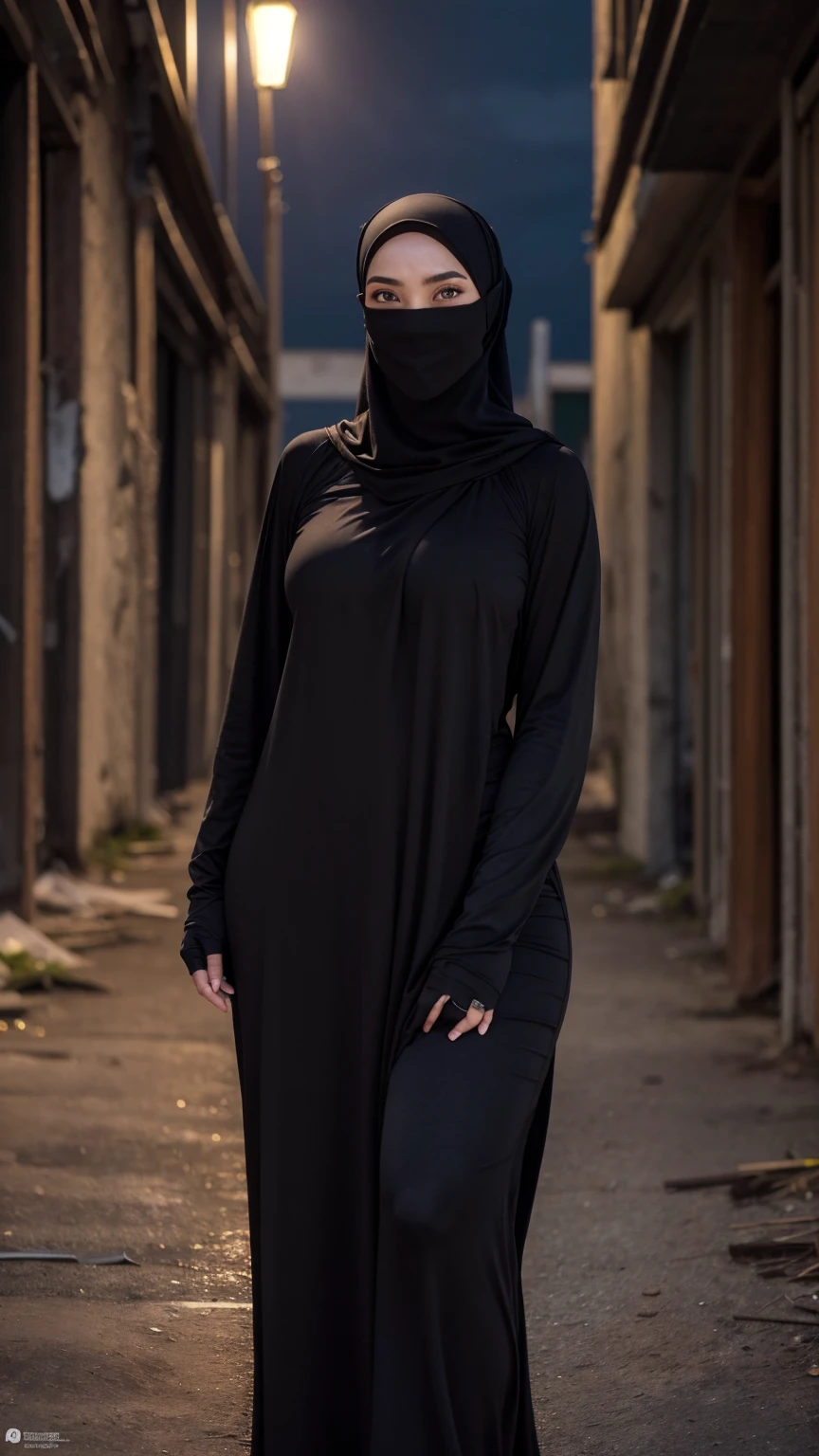 hd,high quality,4k,hyper realistic,masterpiece,((boobs)),((pussy)),((nude)),((behind abandoned building)),low lighting,(()),((night time)),((standing)),detail,hijab,niqab,face cover niqab,purdah,body ink tattoo