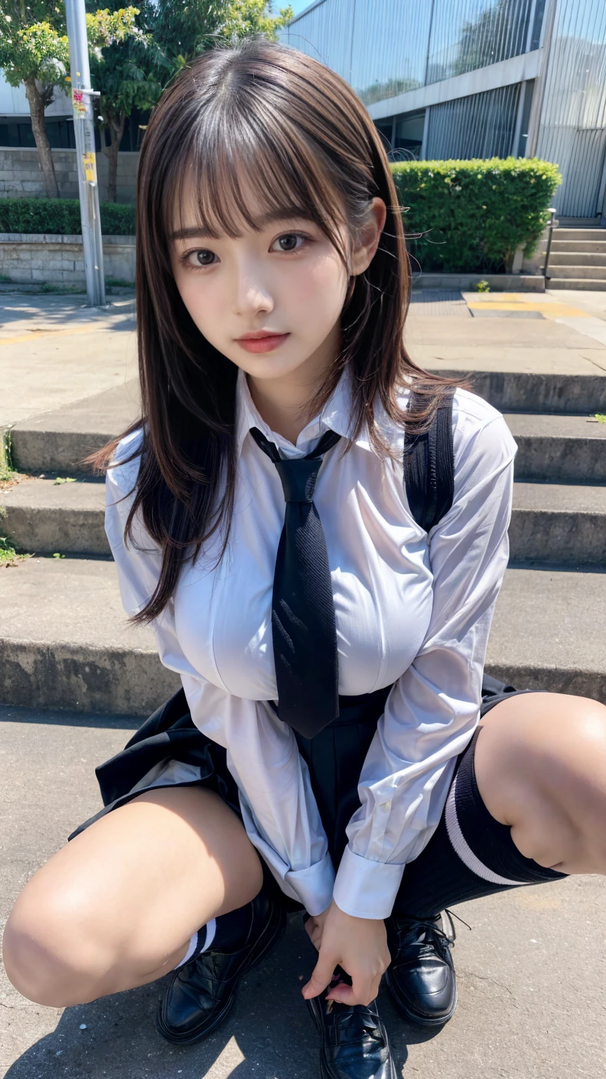 High quality, Ultra detailed, best quality, insanely detailed, beautiful, masterpiece、8k、nsfw、spread pussy、upskirt、skirt lift、skirt lift by myself、((show off pussy1.4))、pubic hair、pussy focus、public indecency、((from below:1.3))、looking at viewer、spread pussy、bottomless、cinematic lighting、、black cardigan、clothed、city