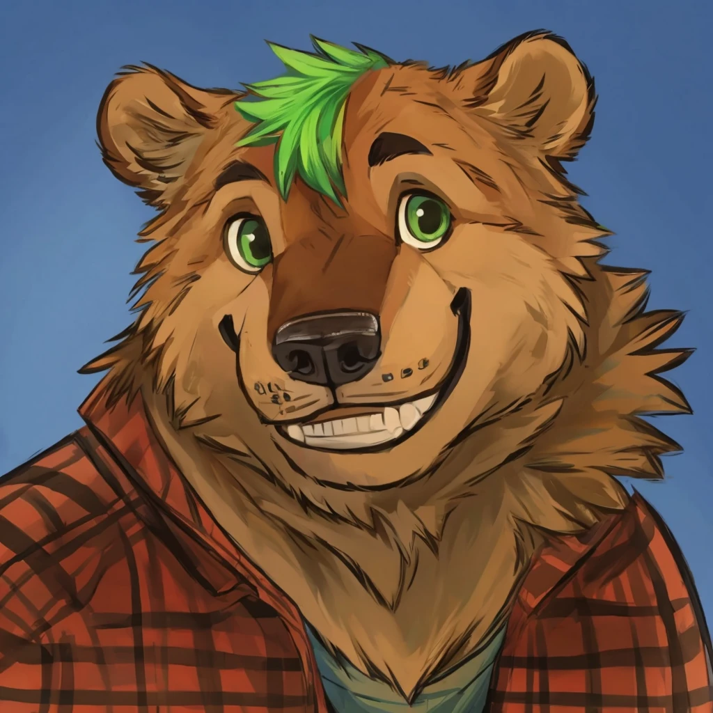 portrait of anthropomorphic grizzly bear with a green hair, closed smile, dressed with a lumberjack shirt, high quality furry art.