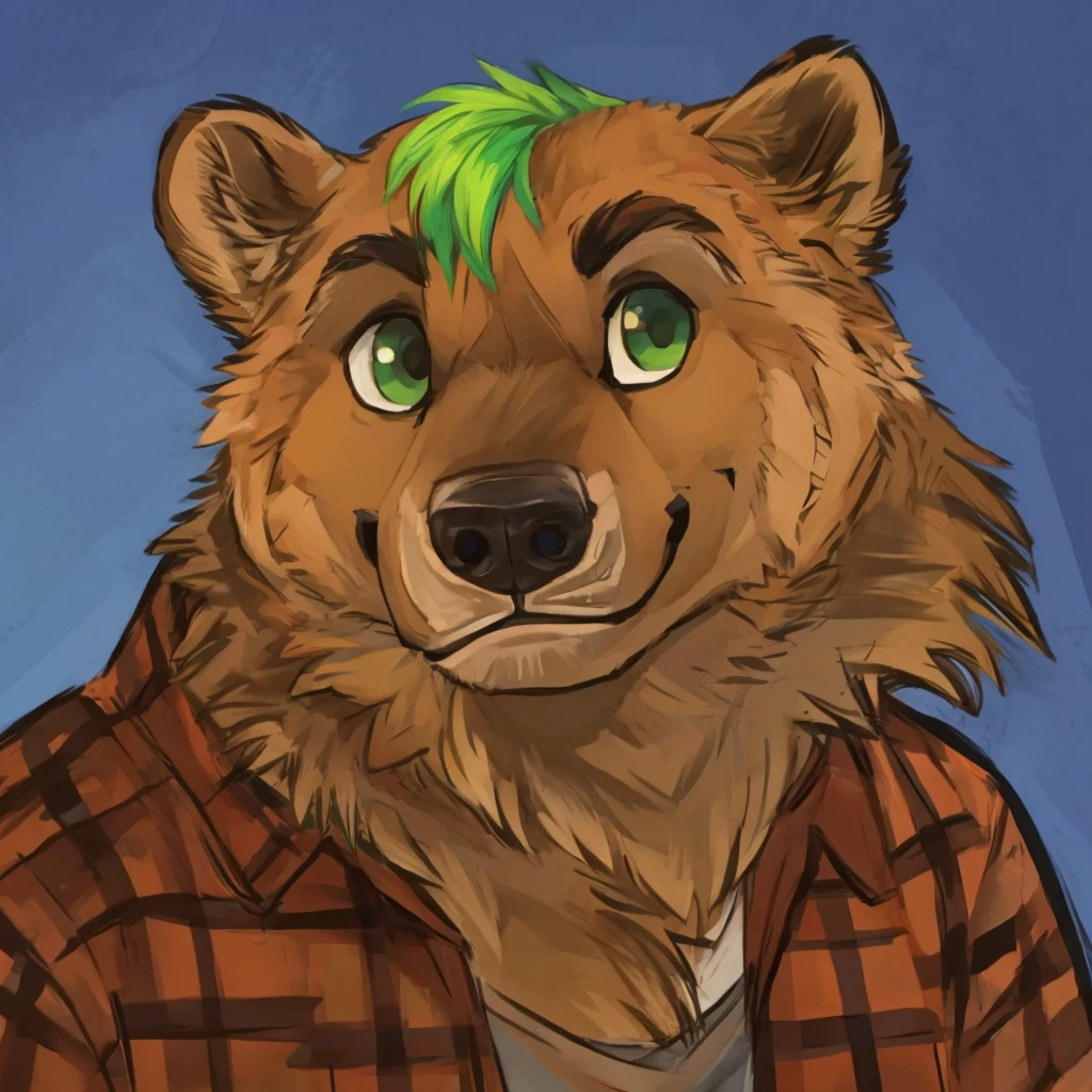 portrait of anthropomorphic grizzly bear with a green hair, closed smile, dressed with a lumberjack shirt, high quality furry art.