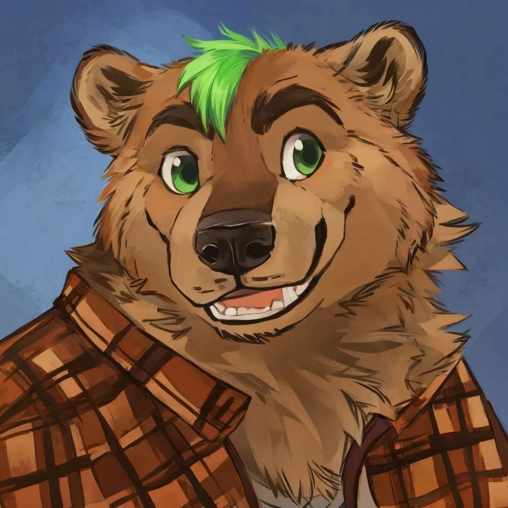 portrait of anthropomorphic grizzly bear with a green hair, closed smile, dressed with a lumberjack shirt, high quality furry art.