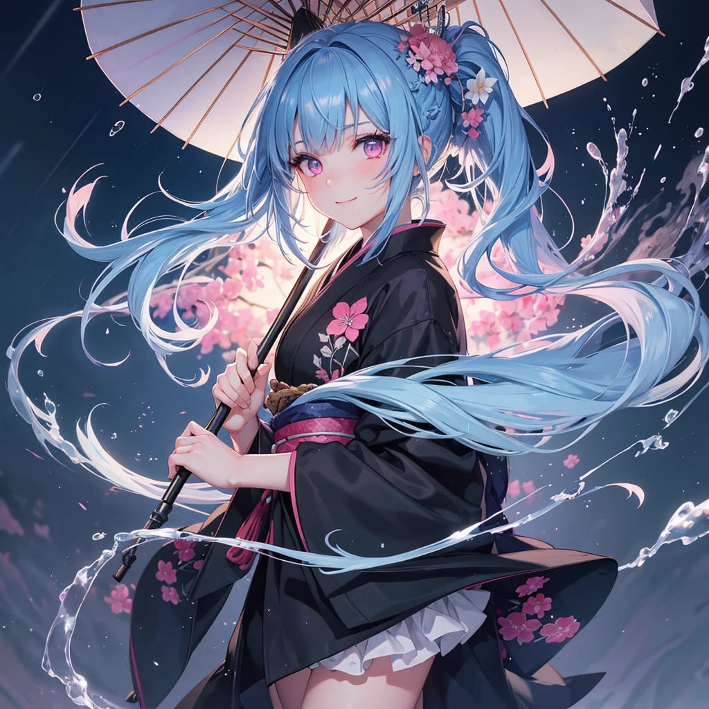 sky Blue hair, (braided ponytail),(pink eyes),fair skin ,(full body),(1 girl),smile,Straight Bangs,(masterpiece, best quality, ultra-detailed, best shadow), (detailed background), (beautiful detailed face), high contrast, (best illumination, an extremely delicate and beautiful), ((cinematic light)), colorful, hyper detail, dramatic light, intricate details,rain shower,kyoto,Japanese Umbrella,black kimono,