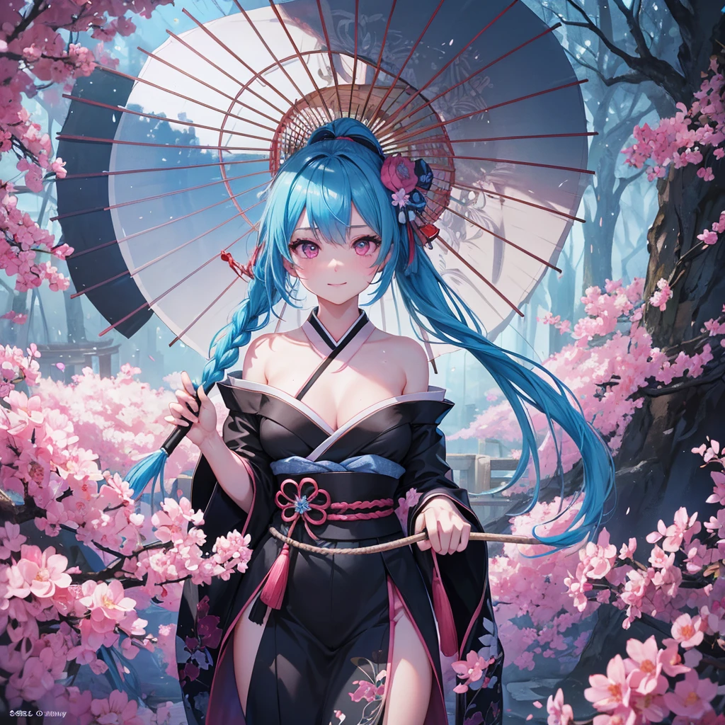 sky Blue hair, (braided ponytail),(pink eyes),fair skin ,(full body),(1 girl),smile,Straight Bangs,(masterpiece, best quality, ultra-detailed, best shadow), (detailed background), (beautiful detailed face), high contrast, (best illumination, an extremely delicate and beautiful), ((cinematic light)), colorful, hyper detail, dramatic light, intricate details,rain shower,kyoto,Japanese Umbrella,black kimono,