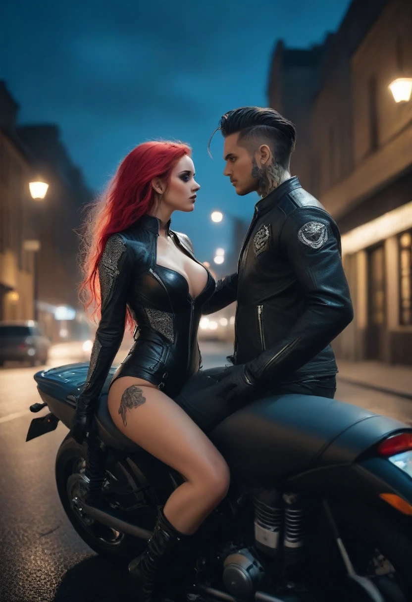 8 k, Best quality, masterpiece, Ultra high resolution, (Realism: 1.4), original photo, (realistic skin texture: 1.3), (Granularity: 1.3), girl and guy dark style punks couple in love couple on a motorcycle facial details, masterpiece, Best quality, look at the viewer at night