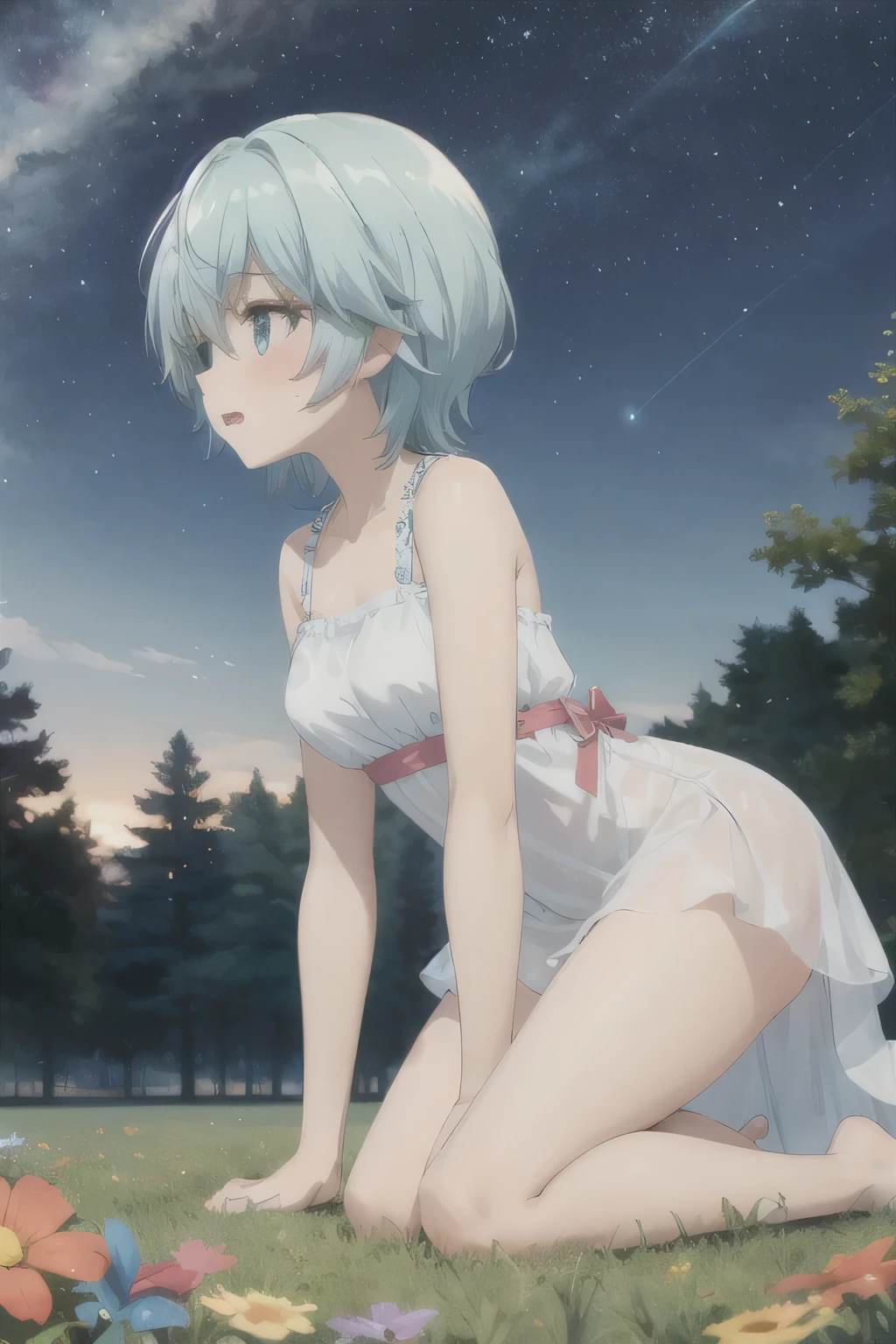 Park meadow,White Dress,A good girl,Kneel on the lawn,Acting cute,Blue Hair,Slender thighs,Girly figure,Starry Sky,Look to the Starry Sky,Hands on the ground