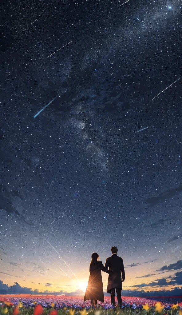 Starry Sky，Animated scene of a couple standing in a flower field,Back view，I can't see facial expressions，The man is wearing a long black coat，The woman is wearing a white long coat