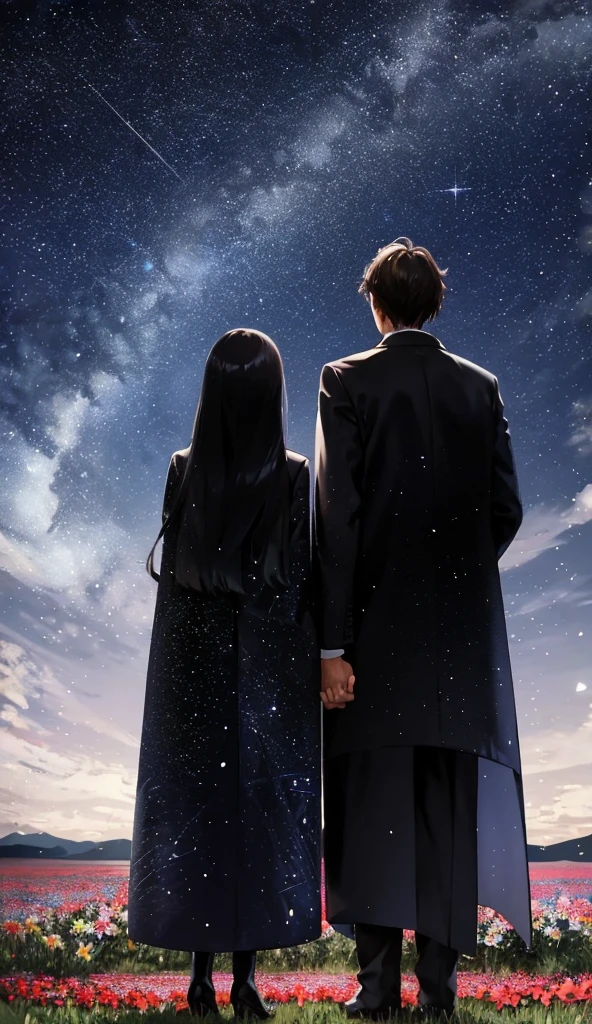 Starry Sky，Animated scene of a couple standing in a flower field,Back view，I can't see facial expressions，The man is wearing a long black coat，The woman is wearing a white long coat