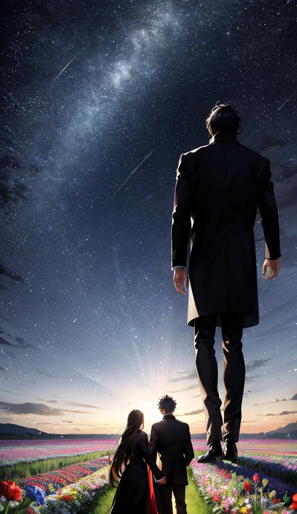 Starry Sky，Animated scene of a couple standing in a flower field,Back view，I can't see facial expressions，The man is wearing a long black coat，The woman is wearing a white long coat