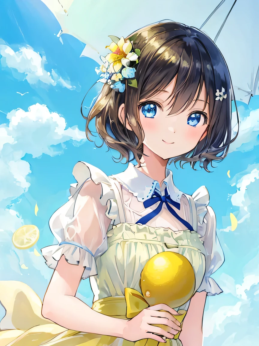 ((Masterpiece)), ((top quality)), very detailed, animated style illustration, kitchen, 1girl, cute girl, solo, upper body, upper body focus, in the middle, white sundress, (beautiful eyes), beautiful black hair, short hair, flower hair ornament, blue eyes, slim, slender, (holding a lemon:1.3), (smile:1.2), Lemon Background, Splash of Lemon Juice. A soft and gentle anime illustration with pastel colors, featuring a 14-year-old girl with short black hair adorned with a small flower hair ornament and blue eyes. The artwork should have a fluffy and delicate style, capturing the youth and innocence of the girl. The pastel color scheme adds to the gentle and serene atmosphere of the illustration, emphasizing the girl's youthful and innocent appearance.