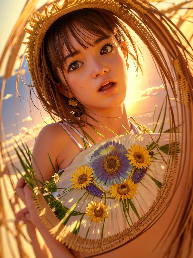 masterpiece, high-quality, a beautiful young woman having fun in a wide grassland, wearing a floral sleeveless top, wearing a flowy knee-length skirt, the background is a sunny meadow, perfect face, perfect hands