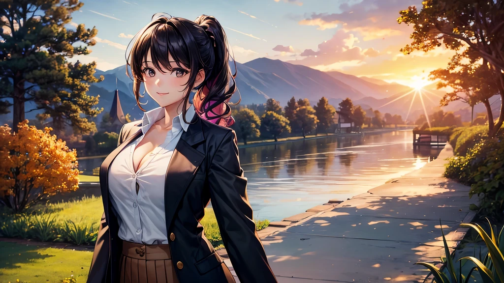 1girl, solo, summer, village, trees, sun, clouds, fantasy, ((colorful hair)), curly hair, ponytail, big full breasts, ((black blazer)), button down shirt, ((white shirt)), ((short sleeved shirt)), ((unbuttoned shirt)), unbuttoning buttons, cleavage 1:3, brown eyes, skirt, smile, looking at the viewer, standing, hair ribbon, golden necklate