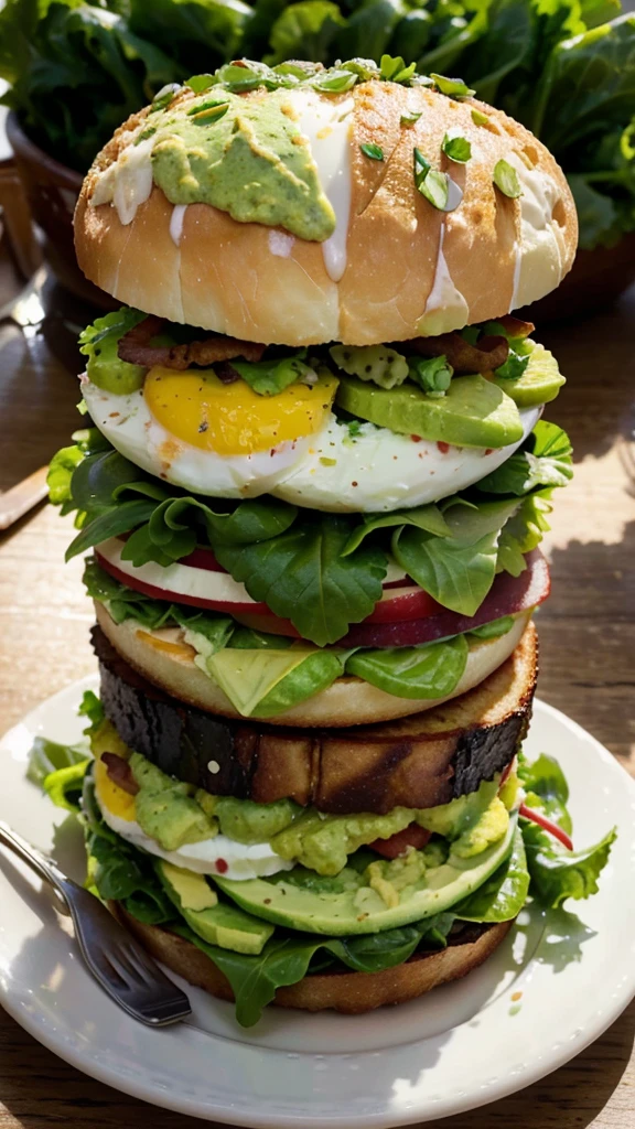 a delicious avocado and egg salad with crispy bacon, fresh greens, creamy dressing, vibrant colors, mouthwatering, photorealistic, hyper detailed, 8k, exquisite lighting, food photography style