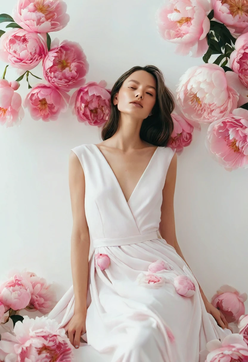photography of a woman in a dress, head completely covered with pink peonies, White minimalist room with nothing, high detail 